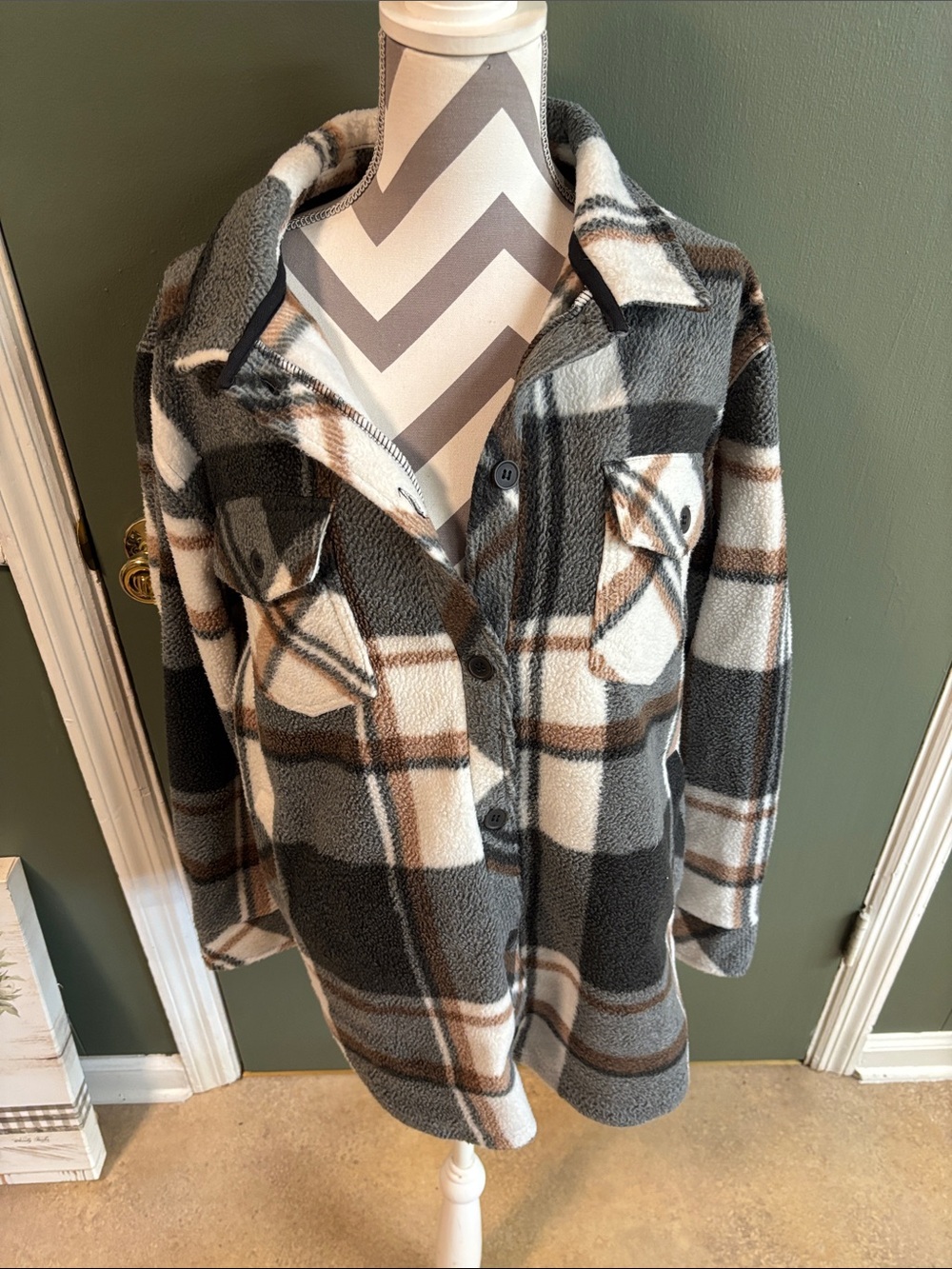 Thread & Supply Gray, Cream & Brown Plaid Teddy Shacket